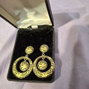 Damascene Gold and Black Floral Bird Engraved Double-Hoop Drop Earrings